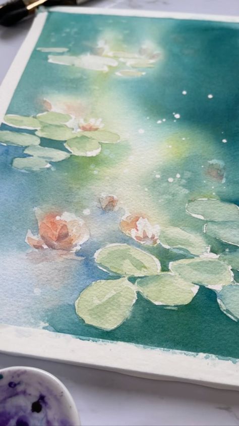 katrinapetewatercolor on Instagram: These little pond studies came together with masking fluid for the Lilly pads. Then I dropped in saturated color for the water, being… Watercolour Water Lilies, Impressionist Inspired Art, Watercolour Pond Painting, Water Lillies Watercolour, Watercolor Painting Of Water, Watercolor Lilly Pad, Water Lilly Watercolor, Watercolor Pond Painting, Koi Pond Watercolor