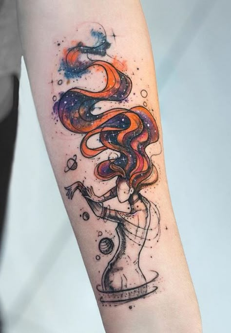 80+ Artistic Tattoos by Robson Carvalho from Sao Paulo - TheTatt Galaxy Tattoo Thigh, Watercolor Tattoo Aesthetic, This Is Fine Tattoo, Tattoo Planets, Tattoo Wallpaper, Tattoo Dotwork, Galaxy Tattoo, Woman Tattoo, Cat Tattoos