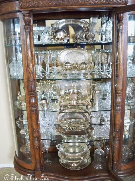 Crystal Glassware Display, Silver Closet, Crystal Collection Display, Silver Plate Decor, China Cabinet Decor, Glassware Display, Betty Neels, Crystal Glassware Antiques, Cleaning Silver