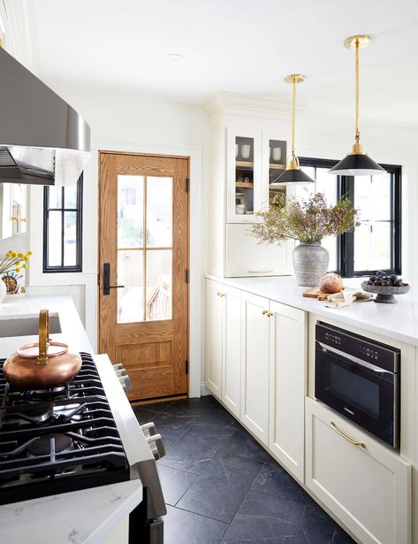 White And Black Kitchen Design, New Classic Kitchen, Light Kitchen Floor, White And Black Kitchen, Kitchen Spotlights, Black Kitchen Design, Custom Cabinet Doors, Kitchen Floors, Two Tone Kitchen