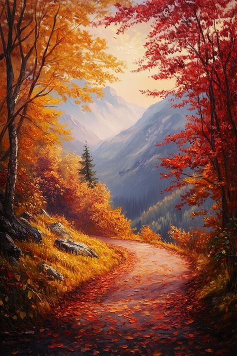 Autumn Trail Canvas Print Inspired by Bob Ross Vibrant Fall Colors Scenic Wall Art Home Decor by CustomCanvasCurators 🍁 Looking to add some cozy fall vibes to your space? Check out this stunning canvas print inspired by the amazing Bob Ross! 🎨🏞️ With its vibrant autumn hues and tranquil forest scene, it'll bring the outdoors inside and create a peaceful atmosphere in any room. Perfect for nature lovers or anyone who loves a touch of serene beauty in their home. #BobRoss #FallVibes #HomeDeco... Bob Ross Fall Paintings, Red Landscape Painting, Majestic Paintings, Autumn Forest Painting, Scenic Wall Art, Bob Ross Paintings, Fall Landscape, Forest Path, Fallen Leaves