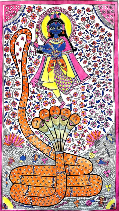 Traditional Madhubani Art Krishna, Madhubani Paintings Traditional Krishna, Lord Sri Krishna, Painting Krishna, Myth Art, Drawing Traditional, Mithila Art, Worli Painting, Mithila Painting