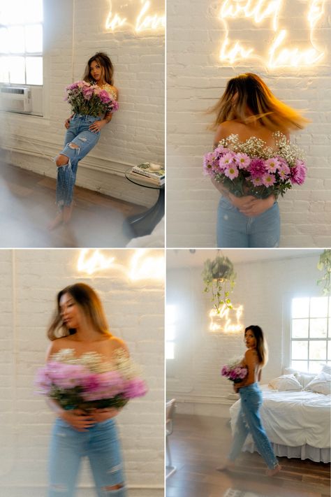 Confidence Photoshoot Inspiration, Flower Top Photoshoot Indoor, Flower Photoshoot Studio, Flowers In Pants Photoshoot, Flower Self Portrait, Flower Wall Photoshoot, Photoshoot Ideas With Flowers, Floral Photoshoot Ideas, Flower Photoshoot Creative