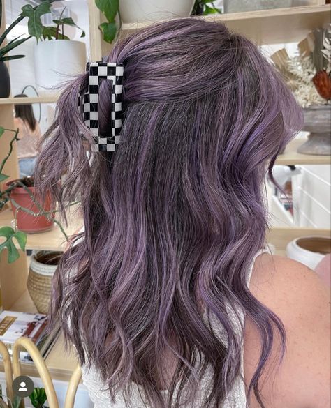 by Leah at Cedar Hair Denver Smoky Lilac Hair, Ash Purple Balayage, Ash Purple Hair Color, Light Purple Highlights Brown Hair, Lilac Highlights Brown Hair, Malia Aesthetic, Metallic Purple Hair, Purple Money Piece Hair, Ashy Purple Hair