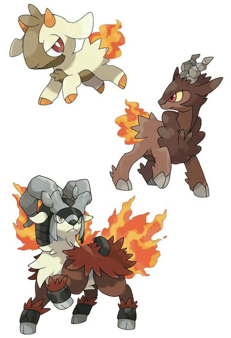 Fakemon: Kidling (Fire), Pyroat (Fire/Rock) and Flairees (Fire/Rock). Fire Fakemon Starter, Fake Pokemon Ideas, Fakemon Starters Fire, Pokemon Fakemon Ideas, Fire Type Fakemon, Fire Fakemon, Fakemon Starter, Fire Creature, Rock Pokemon