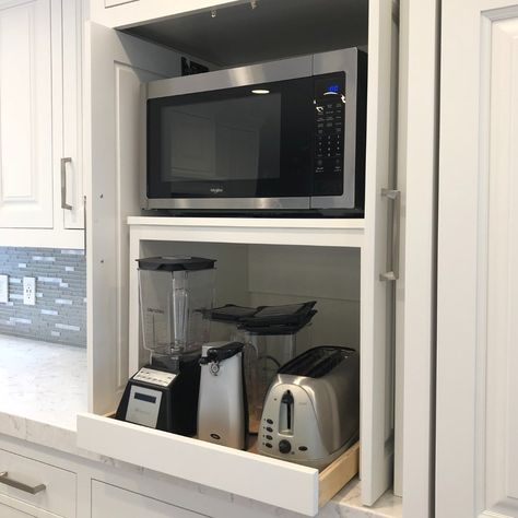 Countertop Microwave Styling, Kitchens With Hidden Appliances, Diy Wall Oven Microwave Cabinet, Microwave In Cabinet Hidden, Kitchen Hidden Microwave, Airfryer Cabinet, Microwave Hidden In Cabinet, Microwave Inside Cabinet, Under Cabinet Microwave Ideas