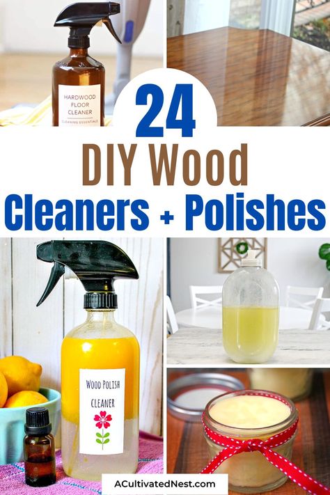 24 DIY Wood Cleaners and Wood Polishes- Transform your wooden furniture into stunning pieces with these DIY wood cleaners and wood polishes. Whether you're dealing with scratches, water stains, or simply lackluster surfaces, this post provides an array of effective solutions. | how to clean hardwood floors, how to clean wood furniture, #homemadeCleaningProducts #DIYCleaning #woodCleaner #woodPolish #ACultivatedNest Homemade Wood Cleaner, Diy Wood Cleaner, Natural Wood Floor Cleaner, Natural Wood Cleaner, Homemade Wood Floor Cleaner, Wood Floor Polish, Glass Cleaner Recipe, Homemade Furniture Polish, Natural Wood Polish