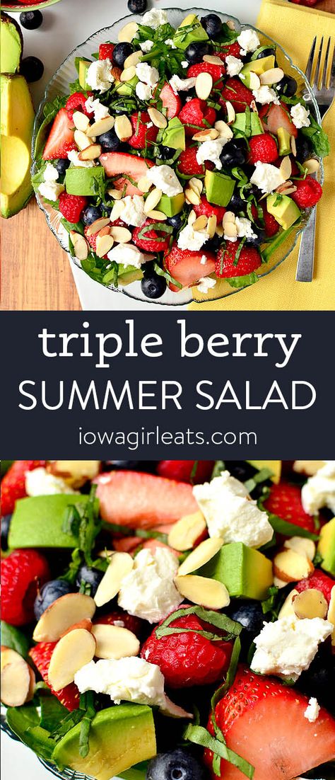 Triple Berry Summer Salad - Iowa Girl Eats Raspberry Salad Dressing, Easy Gluten Free Recipes, Cold Salads, Side Salad Recipes, Berry Salad, Dinner Salad, Iowa Girl Eats, Recipes Summer, Easy Salad