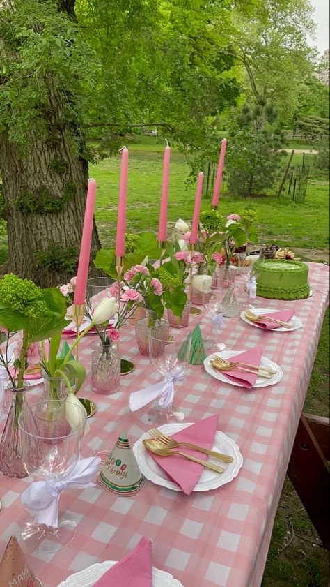 Pink and green picnic table for birthday party vibe Pink Plaid Table Setting, Pink Picnic Table Cloth, Park Party Table Set Up, Pink Spring Party, Pink And Green Pool Party, Pink Gingham Tablescape, Pink Picnic Birthday, Pink Picnic Aesthetic Birthday, Vintage Picnic Birthday Party