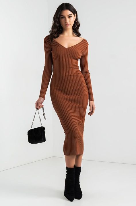 Ribbed Dress Outfit, Brown Bodycon Dress, Ribbed Knit Bodycon Dress, Brown Sweater Dress, Body Con Dress Outfit, Sweater Dress Outfit, Winter Dress Outfits, Women Bodycon Dress, Long Bodycon Dress