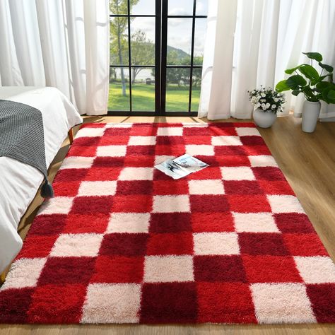 PRICES MAY VARY. Checkerboard design: This soft and fluffy rug is designed in a unique Checkerboard style. The lovely rug ​is the finishing touch of your room decoration, presenting a warm and cozy atmosphere, bringing you a feeling of relaxation and pleasure Soft as a cloud: Shaggy rug made of soft velvet, and the cute Checkerboard rug sandwich contains sponge filler to provide extra cushioning, protect you and your children, pets, and provide you with a soft and comfortable touch Non-Slip Bott Red Checkered Rug, Orange Rugs In Living Room, Cool Rugs For Bedroom Men, Red Apartment Decor, Red And Blue Decor, Cherry Rug, 80s Rug, Fall Rug, Luxury Apt