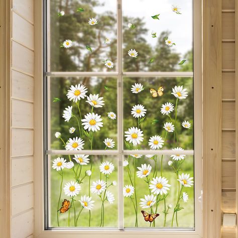 PRICES MAY VARY. PACKAGE INCLUDES: You will receive 9 sheets of window cling, totally 123pcs window clings, each sheet measures 20 x 30 cm/7.8 x 11.8 inch, sufficient quantity can meet your different needs for decoration. DELICATE DESIGN: Our window stickers are patterned with daisy flower and butterfly, fresh and attractive, full of holiday feeling, adding a funny atmosphere for your home and party. DOUBLE SIDED PRINTING: Patterned on both sides, printed in bright colors, can be clearly seen th Office Window Decor, Library Window, Takken Decor, Painted Window Art, Painted Windows, Cafe Window, Summer Window, Spring Window, Flower Window