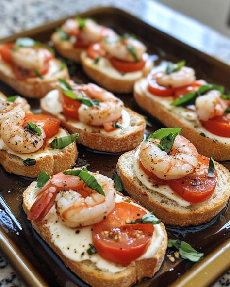 Cookerecipe | Caprese Shrimp Crostini | Facebook Prawn Cocktail Canape, Shrimp Crostini, French Baguette, 1 Pound, Baguette, Olive Oil, Party Ideas, Chef, Essen