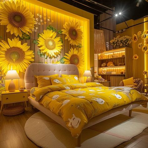 Sunflower Bedroom, Colourful Bedroom, Sunflower Room, Orange Rooms, Built In Shelves Living Room, Theme Bedroom, Modern Small House Design, Yellow Room, Colour Theme