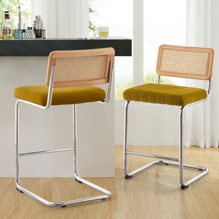 ANMINY are always committed to offering in variety quality home and furniture goods. This bar chairs design with hand-woven rattan backrest, feature a comfortable seat made of high-elasticity sponge. Heavy Duty metal frame can be supports up to 260lbs. Unique color options and vintage look will be the eye-catching decoration for any room! Note: 1. Please allow 0.5-1in error due to manual measurement . 2. The product color may vary slightly due to lighting or monitor settings. Size: 30" Bar Heigh Bar Chairs Design, Rattan Counter Stools, Mid Century Modern Bar, Rattan Bar, Tall Bar Stools, Rattan Bar Stools, 30 Bar Stools, Retro Interior, Counter Height Bar Stools