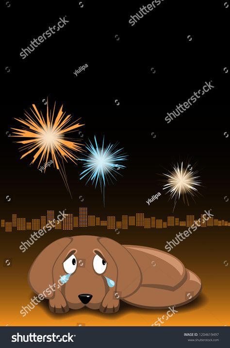 Dog is afraid of fireworks and crying. (Dogs afraid din sounds). Night sky, fireworks and city lights on background. Vector image. Eps 10.din#Dogs#Night#sounds Fireworks Funny, Sky Fireworks, Dogs And Fireworks, Photographer Business Card Template, Photographer Business, Photographer Business Cards, Fire Works, City Lights, New Pictures