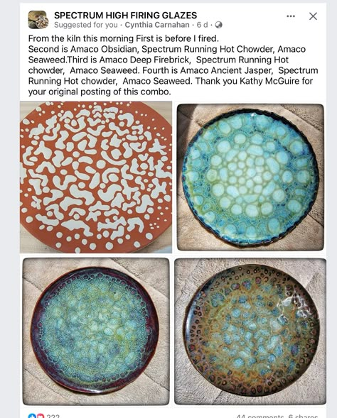 Spectrum Running Hot Chowder Glaze, Running Hot Chowder Glaze Combinations, Running Hot Chowder Glaze, Pottery Corner, Dinnerware Ideas, Spectrum Glazes, Glaze Techniques, Glazing Ideas, Frozen Pond