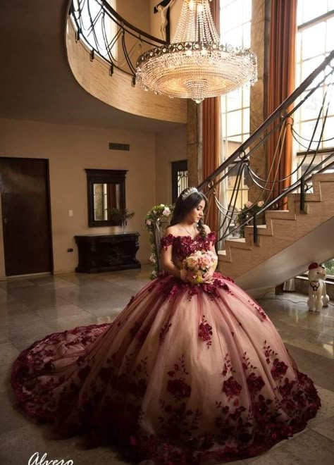 Rose Gold And Burgundy Quinceanera Dress, Red Velvet Quinceanera Dresses, Chambelanes Outfits Red Wine, Red And Beige Quince Dress, Dark Red And Champagne Quince, Burgundy Dress Quinceanera, Red Wine Quince Dress, Burgundy And Blush Quinceanera Theme, Cherry Red Quinceanera Dresses