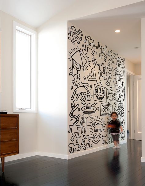 Symbols Wall Panels by Keith Haring | Symbols Removable Wall Paper | Blik Black And White Statement Wallpaper, Line Mural, Fabric Wall Panels, Patterned Wall Tiles, Inmobiliaria Ideas, Doodle Wall, Interior Murals, Applied Art, Art Deco Interior Design