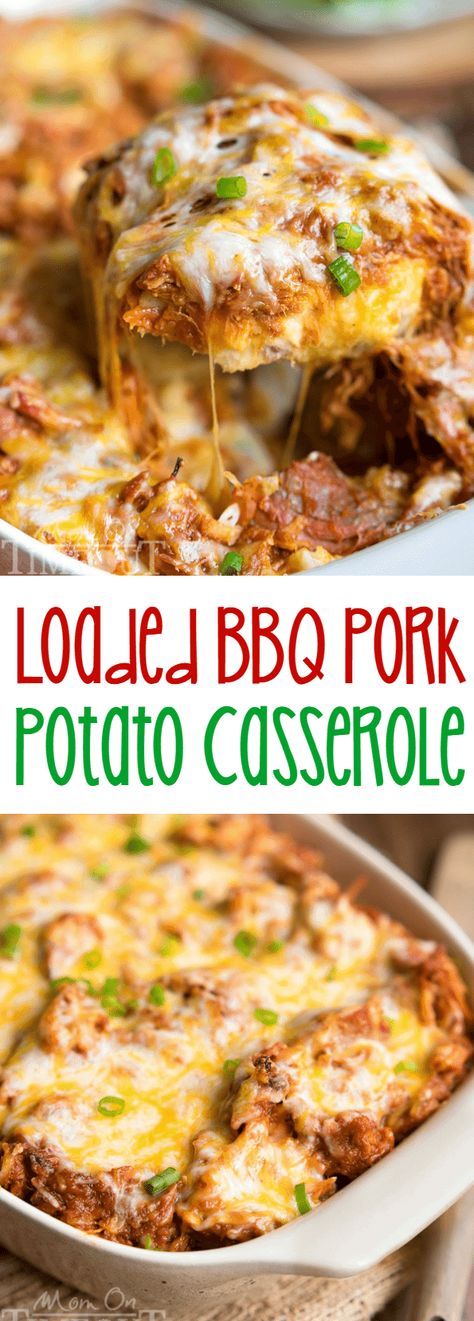 This crowd pleasing recipe is sure to be a hit at your next barbecue or picnic! This Loaded BBQ Pork Potato Casserole is so easy to make and crazy delicious. Comfort food at it's best! | MomOnTimeout.com Pork Potato Casserole, Pork Casserole, Pork Dinner, Potatoe Casserole Recipes, Crowd Pleasing Recipes, Pulled Pork Recipes, Delish Recipes, Bbq Pork, Potato Casserole