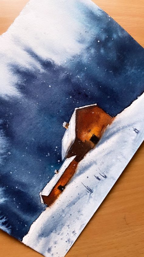 Christmas Cards Handmade Watercolor Winter Scenes, Easy Winter Watercolor, Watercolor Winter Scenes, Winter Watercolor Paintings, Snowy Watercolor, Cozy Watercolor, Winter Scene Paintings, Watercolor Art Landscape, Watercolor Winter