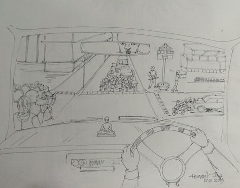 Inside view of Traffic Signal from Car. Memory drawing by Artist Hemant Jha Memory Drawing, Window Drawing, Perspective Drawing Lessons, One Point Perspective, Scene Drawing, Triangle Art, Car Drawing, Traffic Signal, Point Perspective