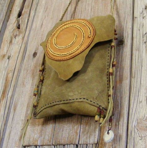 SPIRAL leather Cross Shoulder 2 pocket leather purse with antique beads, deer antler 7" X 8" Cosmic Cycles, Foraging Pouch, Spiral Symbol, Spirit Bags, Leather Medicine Bag, Leather Jewels, Diy Leather Bag, Medicine Bag, Leather Scraps