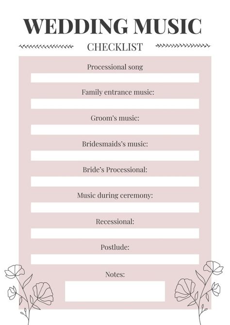 Floral Ornamental Wedding DJ Checklist Wedding Ceremony Music Checklist, Wedding Music Checklist, Wedding Dj Checklist, Celestial Wedding Theme, Order Of Wedding Ceremony, Real Estate Checklist, Wedding Reception Timeline, Wedding Ceremony Songs, Wedding Ceremony Music