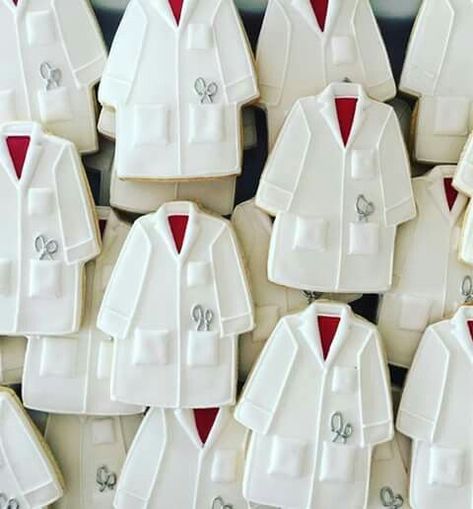 Doctor Graduation Party Ideas, Match Day Medical School, Dentist Cookies, Doctor Lab Coat, Graduation Party Yard Signs, Medical Cookies, Ugly Sweater Cookie, Medical Party, White Coat Ceremony Gift