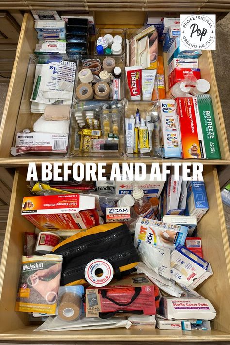 This is how we organized this First Aid drawer, so each item is clearly visible and easy to access First Aid Organization, Icy Hot, Heat Therapy, Band Aid, First Aid, Drawers