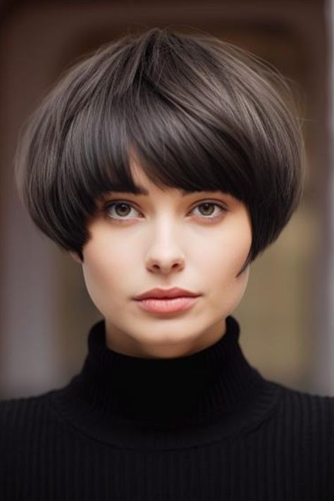 A modern bowl cut offers a bold and unique look for those who dare to be different. This chin-length hairstyle is characterized by its rounded shape, hugging the contours of the head. Click here to check out more trending chin-length hairstyles to try right now. Short Sleek Bob Hairstyles, Bowl Cut For Women, Short Sleek Bob, Haircuts For Small Faces, Modern Bowl Cut, Bowl Haircut Women, Wavy Bob Haircut, Micro Bob, Sleek Bob Hairstyles