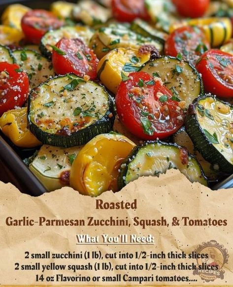 Protein Shake And Chaffle Recipe Ideas | Roasted Garlic-Parmesan Zucchini, Squash, and Tomatoes: | Facebook Roasted Garlic Parmesan Zucchini Squash And Tomato, Roasted Garlic Parmesan Zucchini, Zucchini Squash Recipes, Squash And Zucchini Recipes, Roasted Side Dishes, Roasted Zucchini And Squash, Oven Roasted Zucchini, Parmesan Squash, Carb Dishes