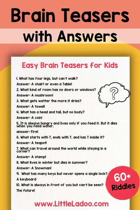 Fun and easy Brain Teasers for kids Easy Brain Teasers, Kids Jokes And Riddles, Funny Riddles With Answers, Materi Bahasa Inggris, Kids Questions, Brain Teasers For Kids, Funny Riddles, Pola Kartu, English Lessons For Kids