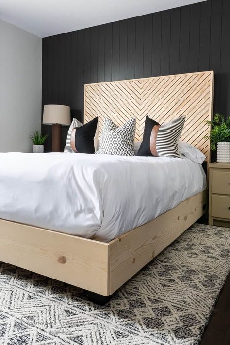 DIY Queen Headboard with Wood Slats and LED Lights | ©GarrisonStreetDesignStudio | DIY | Queen | Headboard | Wood | Slats | with lights | Affordable | DIY Queen Headboard | DIY Wood Bed | Headboard Ideas | Bed DIY | Tutorial | with LED Lights | 2x4 Bed Frame | Queen Bed Frame | Geometric | Mid Century | Boho | Storage | Bed | Pine | King | Under Bed Storage | Chevron | Homemade Headboards | Creative | Custom | Making a headboard DIY | Cool | Plans | Herringbone | Simple | Wooden | Modern 2x4 Bed Frame, Diy Queen Headboard, Wooden Bed Frame Diy, Bedframe Ideas, Bed Bedframe, Homemade Bed Frame, Wood Bed Frame Diy, Boho Storage, Diy Headboard Wooden