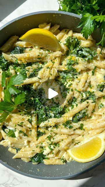 Sarah da Silva RN, BSN, CHC on Instagram: "Follow @sharingthetastee for more recipes!🩷 

This easy Creamy Feta-Lemon Pasta is a rich, creamy dish with zesty, bright lemons and fresh greens that is made in under 20 minutes.

Ingredients
Kosher salt
8 oz. penne pasta
2 tbsp. unsalted butter or extra-virgin olive oil
2 cloves garlic, thinly sliced
Finely grated zest of 1 medium lemon (about 2 tsp.), divided
Freshly ground black pepper
1 (5.3-oz.) light sour cream
4 oz. feta (about 1 c.), crumbled into small pieces, plus more for serving 1 cup baby spinach
1 cup kale
1 Tosp parsley, minced
Freshly grated Parmesan cheese
Instructions
Bring a large pot of salted water to a boil. Cook pasta, stirring occasionally, until al dente according to package directions. Reserve 2 cups pasta water before Creamy Spinach And Kale, Spinach Feta Pasta Recipe, Vegetarian Recipes Feta, Pasta With Lettuce, Spinach In Pasta, Clean Food Vegetarian, Healthy Dinner Recipes With Spinach, Healthy Pasta Dishes Clean Eating, Light Pasta Recipes Healthy