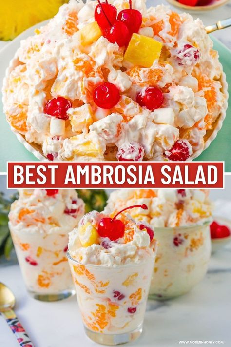 Ambrosia Salad Recipe, Caramel Apple Salad, Ambrosia Recipe, Fruit Salad With Marshmallows, Ambrosia Fruit Salad, Creamy Fruit Salads, Food Sides, Fruit Dinner, Mandarin Oranges