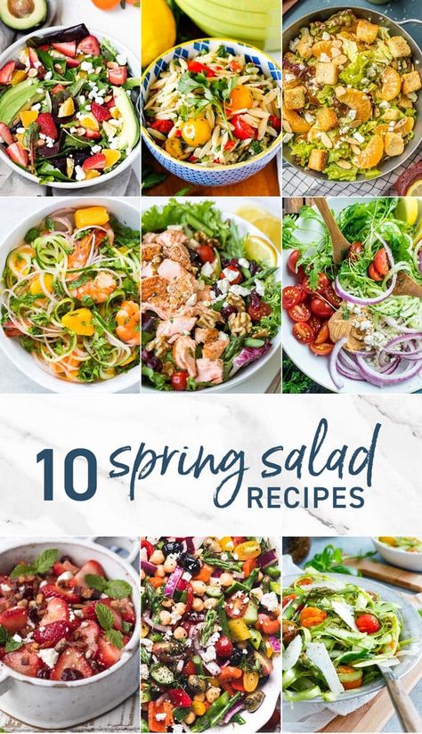 These Spring Salads are fresh, flavorful, easy, and delicious! As the weather gets warmer, amazing Spring Salad Recipes are a must for lunch or dinner, especially spent outside with friends or family. #salad #vegetables #fruit #vegetarian #healthy #summer #spring #lettuce #diet via @beckygallhardin Family Salad, Strawberry Avocado Salad, Greek Cucumber Salad, Spring Salads, Roasted Potato Salads, Salad Vegetables, Healthy Noodles, Spring Salad Recipes, Bacon Salad