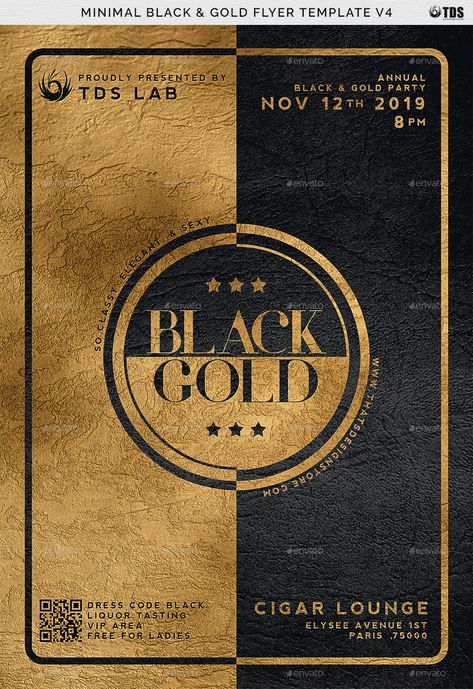 Black And Gold Graphic Design, Black And Gold Branding, Black And Gold Template, Black And Gold Color Palette, Black And Gold Palette, Black And Gold Poster, Gold Graphic Design, Black Restaurant, Black And Gold Design