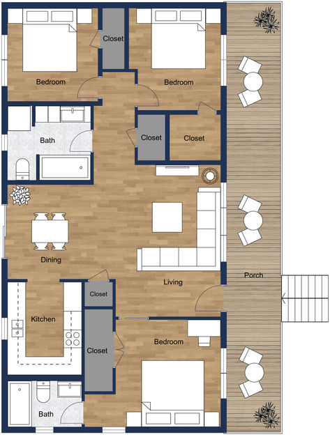 Brown and white 2D shipping container home floor plan with three bedrooms, two bathrooms, a U-shaped kitchen layout, a semi-open concept, and a large porch. Three Bedroom Two Bathroom Floor Plans, Shipping Container Bedroom Layout, Shipping Container Floor Plans 3 Bedroom, Container Home Floor Plans 40 Foot, Shipping Container Homes Plans Layout 3 Bedroom, Shipping Container Layout, 2 Bedroom Container Home, Container House Layout, Shipping Container Floor Plans