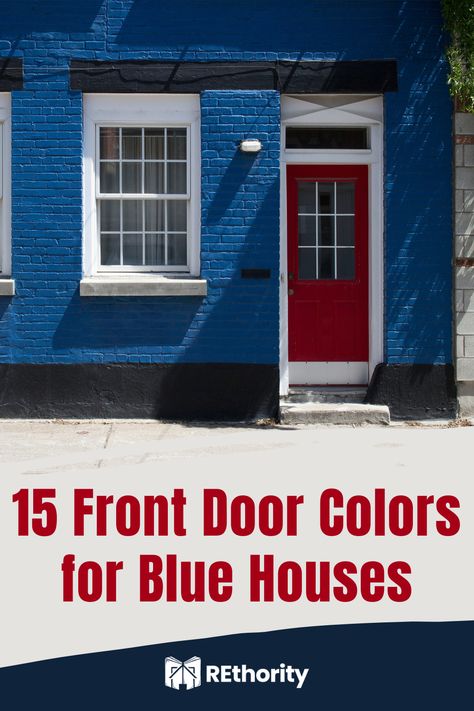 If you're looking to add a touch of class to your home, painting the front door of your blue house may be the perfect way to achieve this. With so many door colors to choose from, you may feel overwhelmed. Luckily, we've compiled a list of the best front door colors for blue houses so that you can make an informed decision. From classic navy to moody blue-greys and modern shades of black, there's sure to be a color that will fit your style and enhance the look of your blue home. Pictures Of Dark Blue Houses, Navy Blue House Door Color Ideas, Door Color Dark Blue House, Front Door Paint Colors For Blue House, Door Color For Navy Blue House, Front Door Color Blue House, What Color Front Door With Blue House, Doors For Blue Houses, Navy Blue House Front Door Color