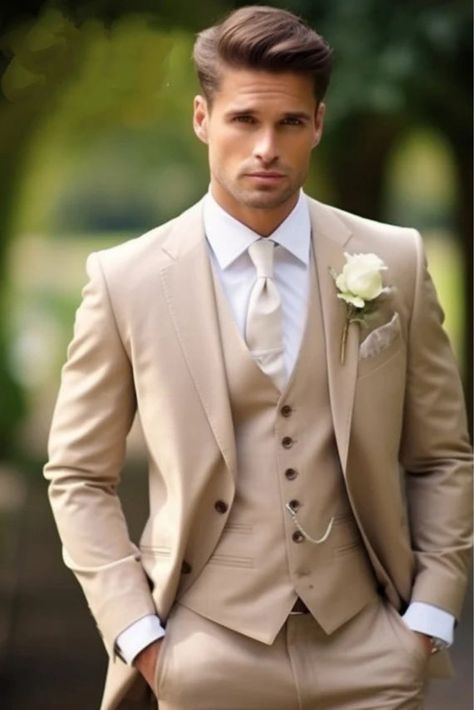 Groom Suit Champagne, Tan Groom Suit Color Schemes, Wedding Suits Groom Beige, Beige Mens Suit Wedding, Creme Tuxedo, Quinceañera Outfits, Champagne Tux, Beige Groom Suit, Khaki Groom