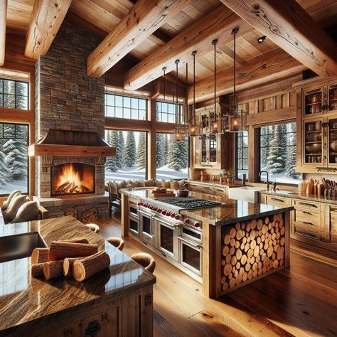 Discover a cozy ski cabin kitchen with a stone fireplace, pine plank flooring, and handmade cabinets. Stainless appliances and granite countertops meet rustic charm. Witness breathtaking snow views through the row of windows. #CozyCabin #RusticKitchen #ModernMountainCabin #FireplaceKitchen #GraniteCountertops #HandmadeCabinets Mountain House Interior Kitchen, Mountain House Kitchen Ideas, Ski Cabin Kitchen, Winter Cabin Kitchen, Ski Chalet Kitchen, Fireplace In Kitchen, Mountain House Kitchen, Mountain House Interior, Rustic Modern Decor