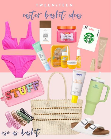 Easter basket ideas for girls Swim Easter Basket Ideas, Easter Beach Basket Ideas, Spring Break Gift Basket Ideas, Travel Easter Basket Gift Ideas, Beach Themed Easter Basket Ideas, Teen Birthday Basket Ideas, Teen Girl Basket Ideas, Womens Easter Basket, Adult Daughter Easter Basket Ideas