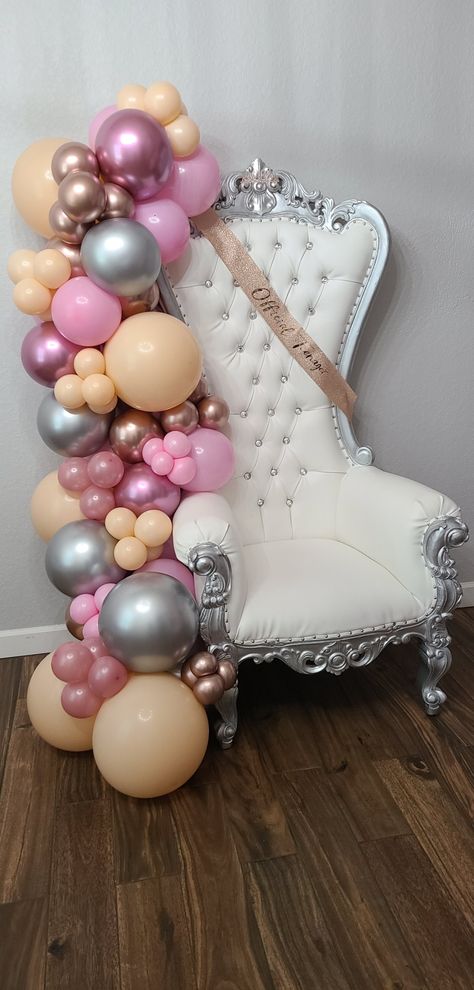 Chair For Birthday Celebrant, Backdrop With Chair Ideas, Balloon Chair Decoration, Birthday Throne Chairs Party Ideas, Sweet 16 Throne Chair Ideas, Balloon Arch With Chair, Throne Chair Backdrop, Birthday Chair Decorations, Quinceanera Chair