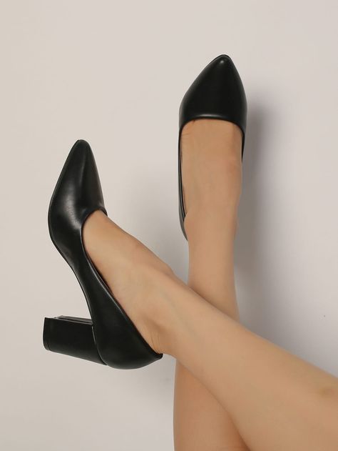 Point Toe Chunky Heeled Court Pumps School Heels Black, Work Heels Office Wear, Corporate Heels, Heels For Office, Heels Work Outfit, Office Sandals, Business Heels, Job Outfits, Black School Shoes