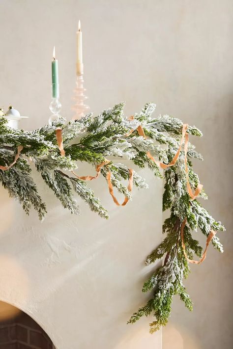 Faux Flocked Pine Garland | Terrain Diy Flocked Garland, Flocked Garland Mantle, Bauble Garland, Framing Doorway, Flocked Garland, Pine Boughs, Snowy Scene, Winter Woods, Anthropologie Home