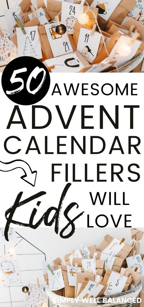 The best advent fillers for kids. 50 ideas for what to put in a kid's advent calendar. Small toys and treats that kids will love. These mostly non-candy advent calendar fillers make great gift ideas for your Christmas countdown. #christmas #holidays Advent Calendar Fillers For Kids, Fun Advent Calendar, Candy Advent Calendar, Christmas Gift Ideas For Kids, Kids Advent, Cool Advent Calendars, Advent Calendar Fillers, Homemade Advent Calendars, Calendar Advent