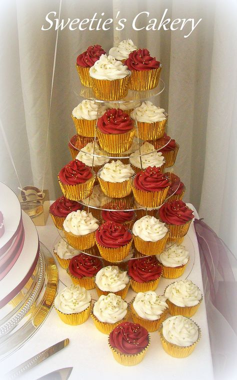 This is one of my own designs. Find more of my work at http://www.facebook.com/SweetiesCakery  Copyright. Sweets Table Ideas, Gold Dessert Table, Sweet 13, Xv Ideas, Cupcakes Red Velvet, Quince Cakes, Sweet 15 Party Ideas Quinceanera, Gold Birthday Party Decorations, Sweet 16 Party Decorations