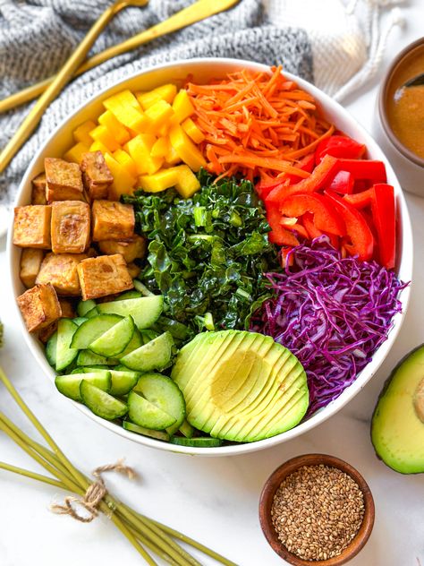 Rainbow Nourish Bowl with Peanut Sauce is a NEW recipe from Jackfruitful Kitchen. Visit jackfruitful.com to view the whole recipe! Tofu Peanut Sauce, Eat Rainbow, Tofu Peanut, Nourish Bowl, Power Bowl, Tailgating Recipes, Colorful Vegetables, Crispy Tofu, Vegan Cookbook