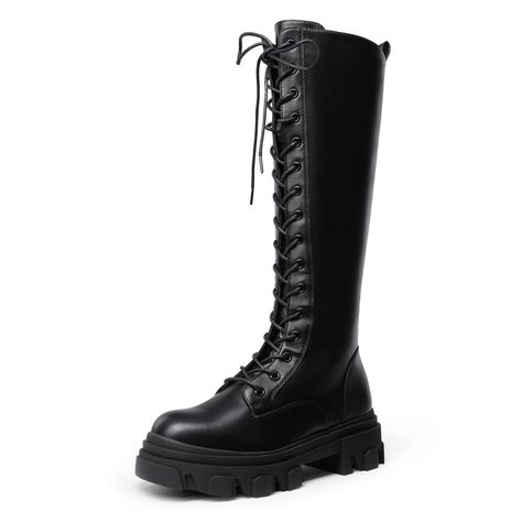 PRICES MAY VARY. Chunky Combat Platform Boots: Chunky combat knee-high boots are a must-have for your closet. The PU upper is smooth and easy to clean. Side Zipper: With a smooth side zipper the boots are easy to put on & take off. Lace Up Combat Boots For Women: Alter the shoelaces for a snug fit & keep them in place for a more comfortable wearing experience. Latex Insole: The thick latex insole is cushioned and breathable, providing all-day comfort. Fashion Must-Have: These women's knee-high c Boots For Women Long, Knee Length Black Boots, Long Black Boots Aesthetic, Black Boots Long, Boots High Knee, Fashion Combat Boots, Womens Black Boots, Black Long Boots, Long Boots For Women